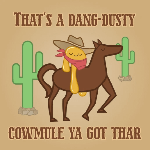 cartoon image of a cannabis dab character on a horse in the desert with cacti dusty cowmule