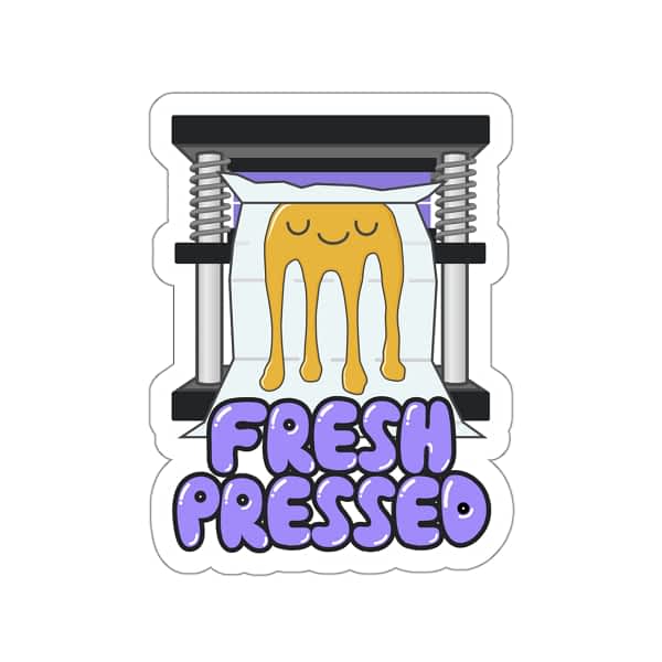 a purple and gold vinyl sticker of a happy cartoon dab of rosin being pressed into parchment which says fresh pressed